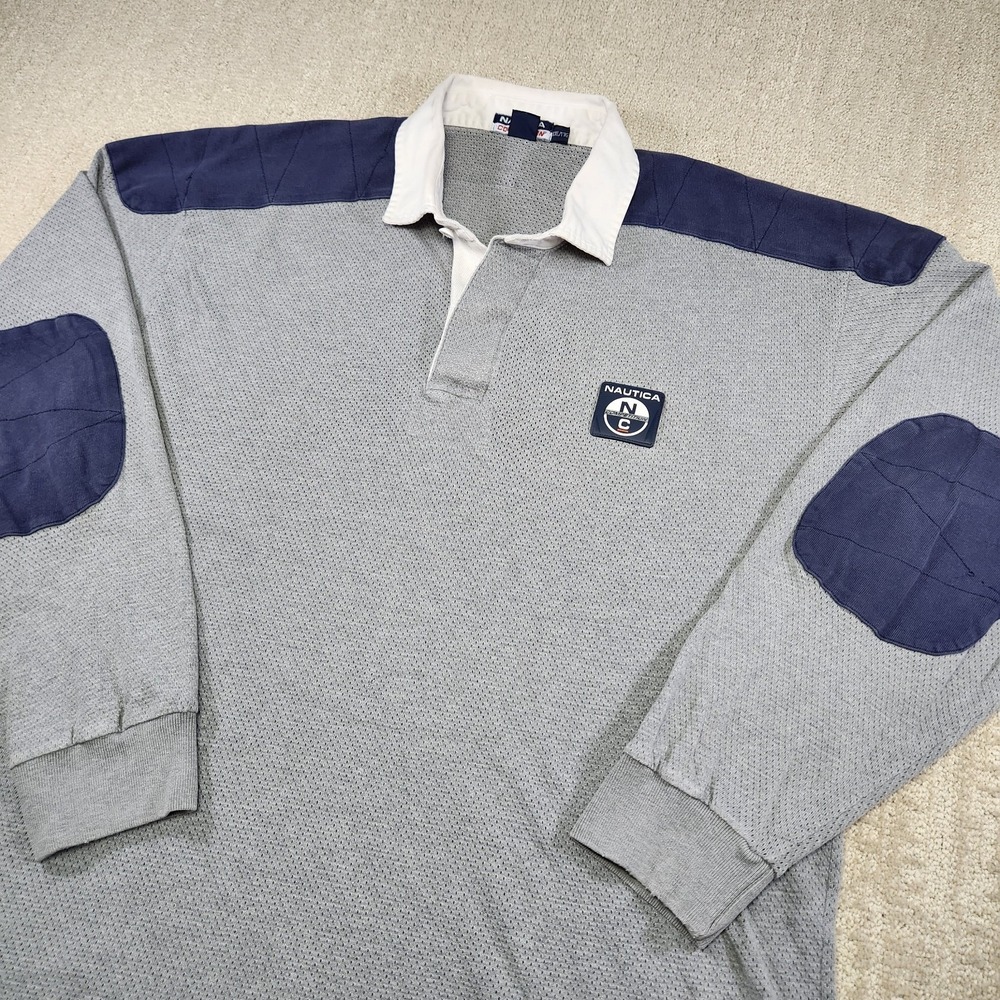 Vintage Nautica Competition Rugby Shirt Men XXL Gray Cotton Elbow Pads Mesh
